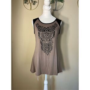 B.L.E.U. Tan Black Studded Long Tank Top w Faux Leather Shoulders Small